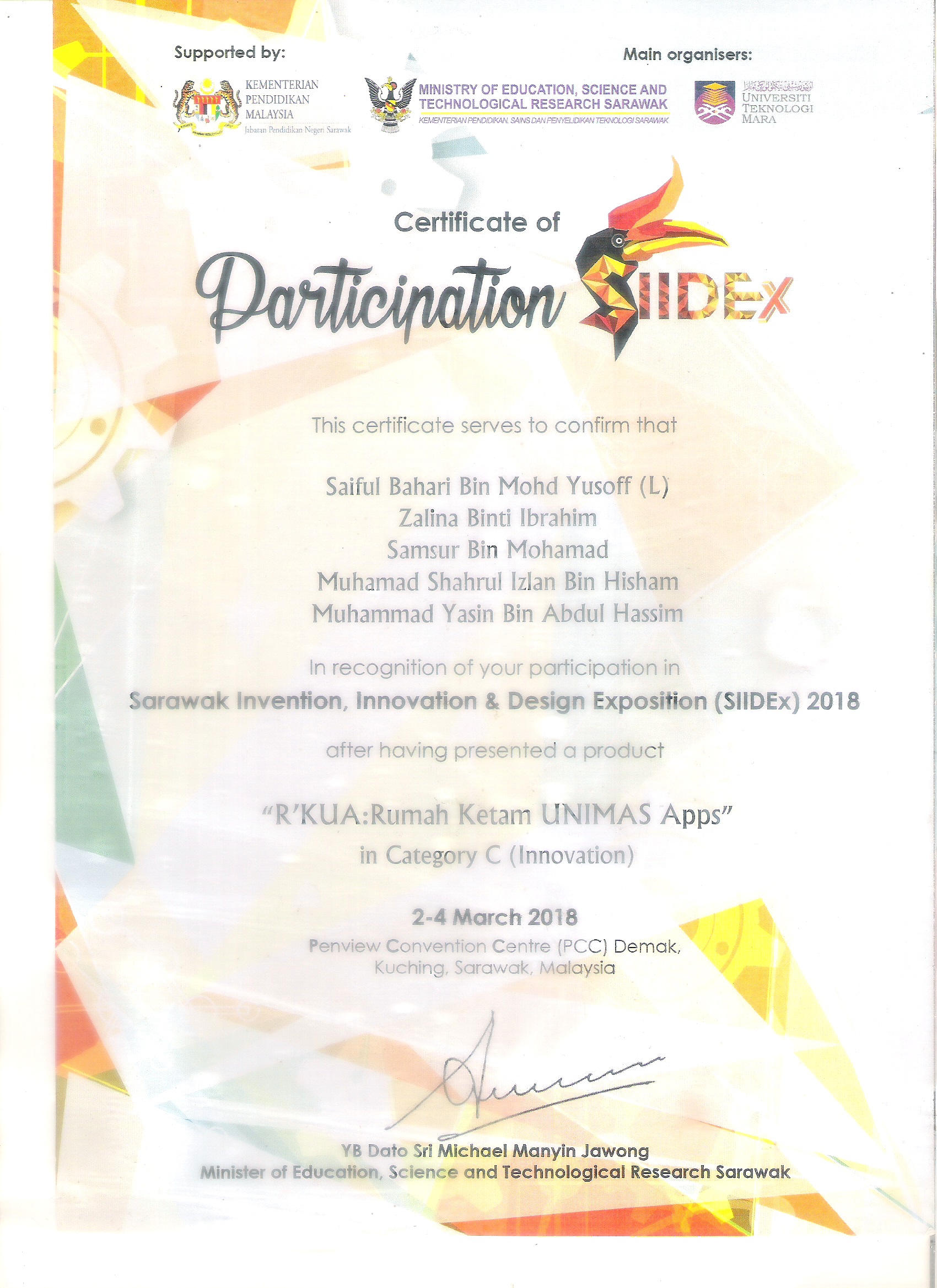 Certificate of Participation SIIDEX. Sarawak Invention, Innovation ...